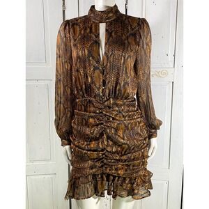 Zara Sexy Golden Brown Metallic Snakeskin Ruffle Mini Dress Size M Ruched Skirt